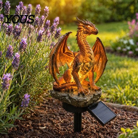 Trójwymiarowa solarna rzeźba ogrodowa, Statua Smoka Dzikusa, Rzeźba Dzikiego Człowieka, Automatyczna lampa z czujnikiem, Żywica, Dekoracja zewnętrzna nocna