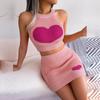 Women Spring Summer  Halter Neck  Sleeveless Heart Knitted Warp Hip Skirt Suits