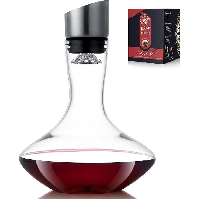 Wine Decanter,Red Wine Carafe,Decanter with Built-in Aerator Pourer, 100% Hand Blown Lead-free Crystal Glass with Stainless Steel Pourer Lid, Filter, 40.6 Ounces