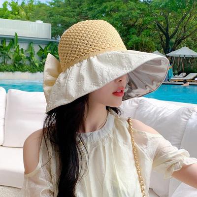 2026 Korean-Style Women's Open-Top Sun Hat with Color Gel Embossed Bow - Summer Outdoor Travel Sun Protection
