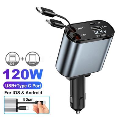 120W Car Charger Adaptor USB Type C Fast Charger with Retractable Cords for IOS Android Phones