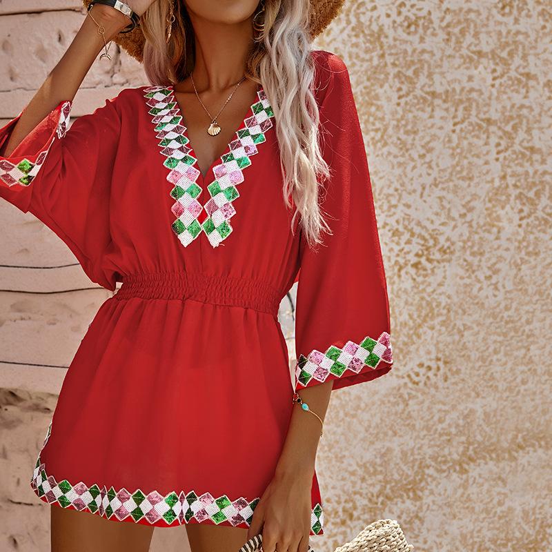 

Летняя пляжная рубашка-летучая мышь в стиле бохо с защитой от солнца для женщин XL красный