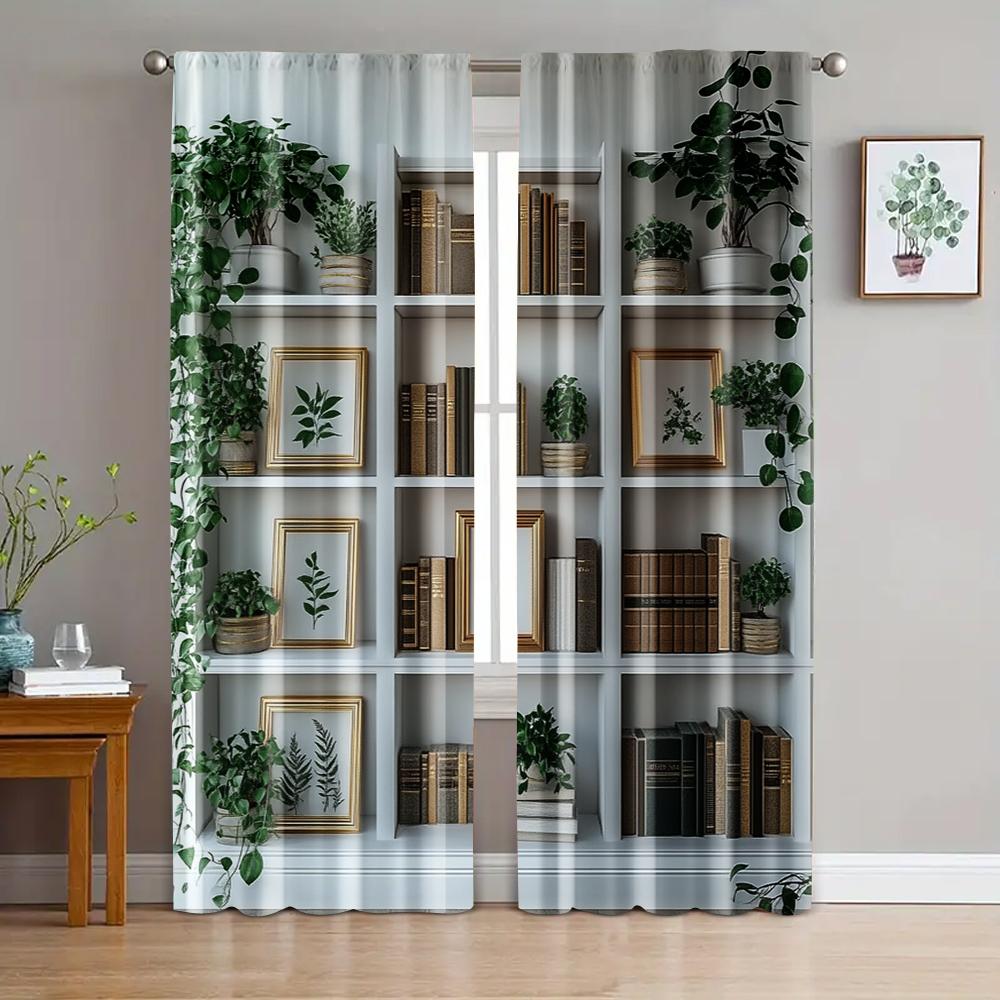 2pc,  Party Curtains Modern White Bookcase Versatile Durable Polyester,Without Electricity Birthday Party Perfect for Apartment