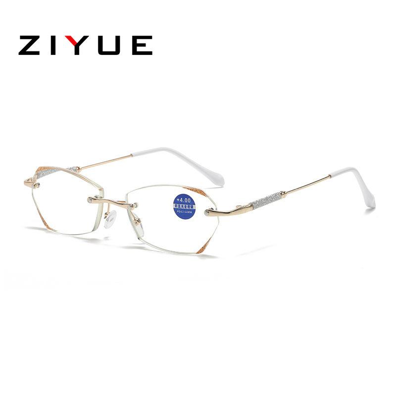 Fashion Diamond Trimmed Frameless Reading Glasses Women's Middle-aged and Elderly Anti-Blue Light Reading Glasses Polygonal Simple Glasses Frame