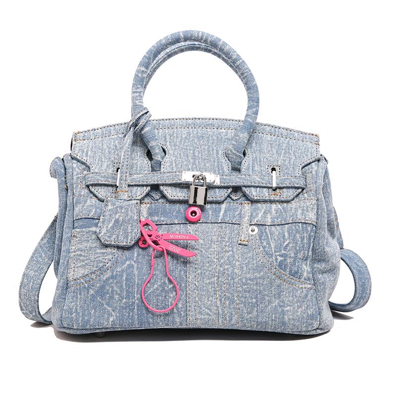 

New trendy platinum Kelly bag portable crossbody spoof pin buckle retro old rag beggar canvas bag bag 31*21*14 светло-синий