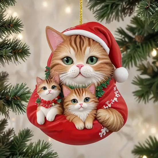 Christmas Pendant 2D Acrylic Cat Wearing Xmas Hat Charm Car Hanging Ornament Festive Atmosphere