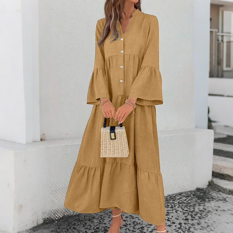 ZANZEA Rochie Casual de Vacanță pentru Femei cu Decolteu în V, Largă, cu Mâneci Lungi Cloș