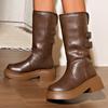 fashion Women's Pu Leather Thick Heel Mid Calf Boots Classic Solid Double Metal Buckle Platform Boots Autumn Round Toe Mujer Boots