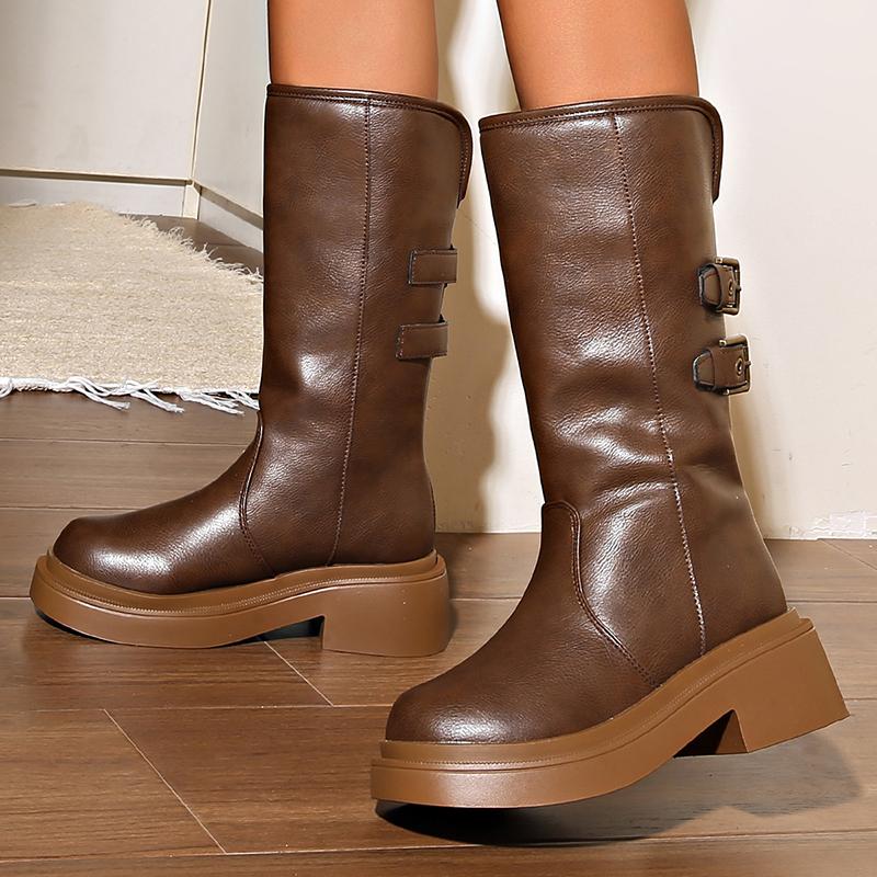 fashion Women's Pu Leather Thick Heel Mid Calf Boots Classic Solid Double Metal Buckle Platform Boots Autumn Round Toe Mujer Boots