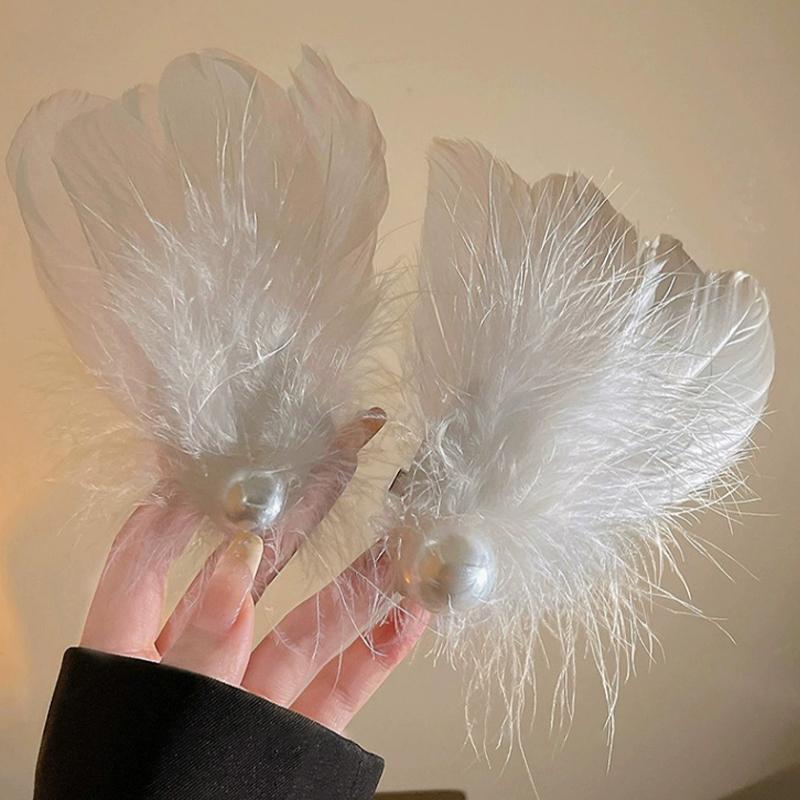 White Swan Feather Pearl Headdress Hairpin Fairy Hair Accessories Side Clip