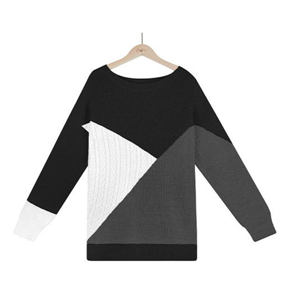 Women's  And Winter Knitting Fashion Color Block Patchwork Pullover Long Sleeve Sweater