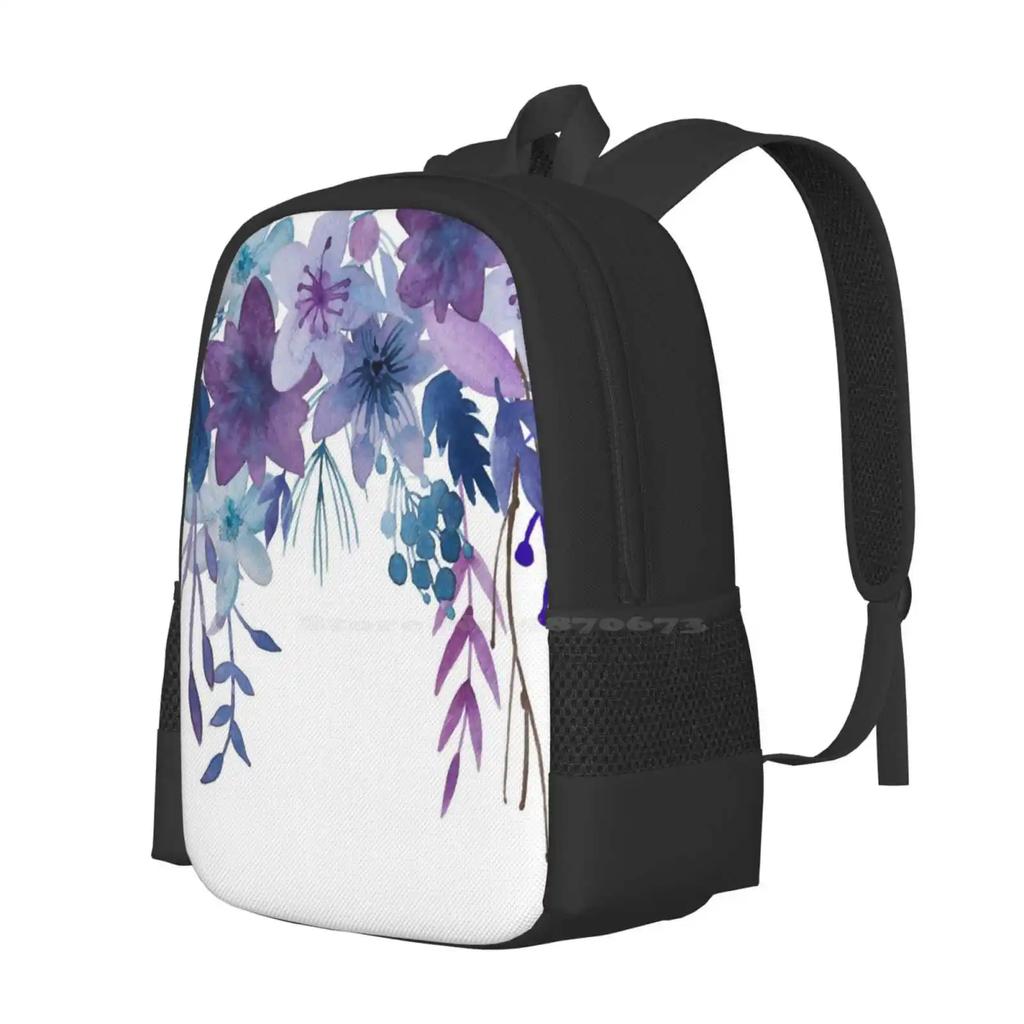 Blue Purple Flowers School Bag Big Capacity Backpack Laptop Watercolor Floral Bouquet Modern Wild Aquarel Purple Flowers Blue