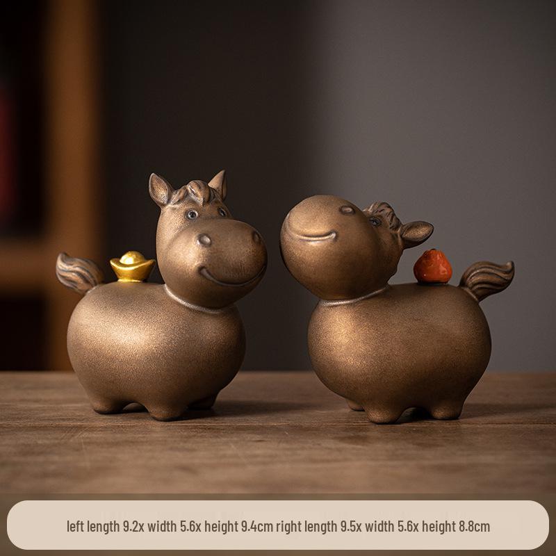 Coppia di Figure di Cavallo in Ceramica Rossa Tang - Mascotte Anno Zodiacale Arredo Tavolo