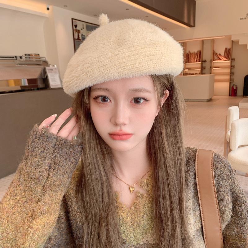 Autumn and Winter New Hat Women's Imitation Mink Beret Winter Warm Painter Hat Literary Retro Pumpkin Hat Tide
