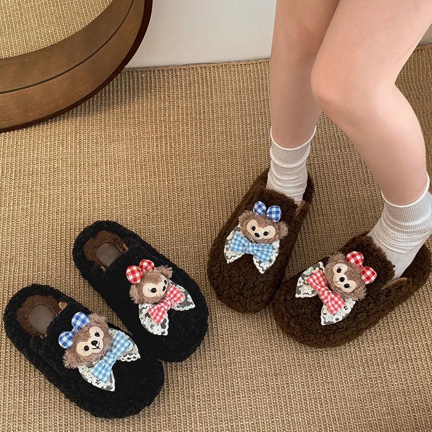 Fashion, lightweight and cute cartoon thick-soled fluffy slippers for women to wear winter velvet bag head slippers