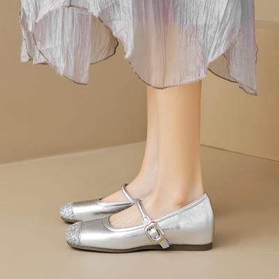 Scarpe Mary Jane Weiwei Girl 865-5 a punta quadrata francese fondo piatto cinturino singolo con bocca leggera interno argento con tacco interno scarpe singole da donna