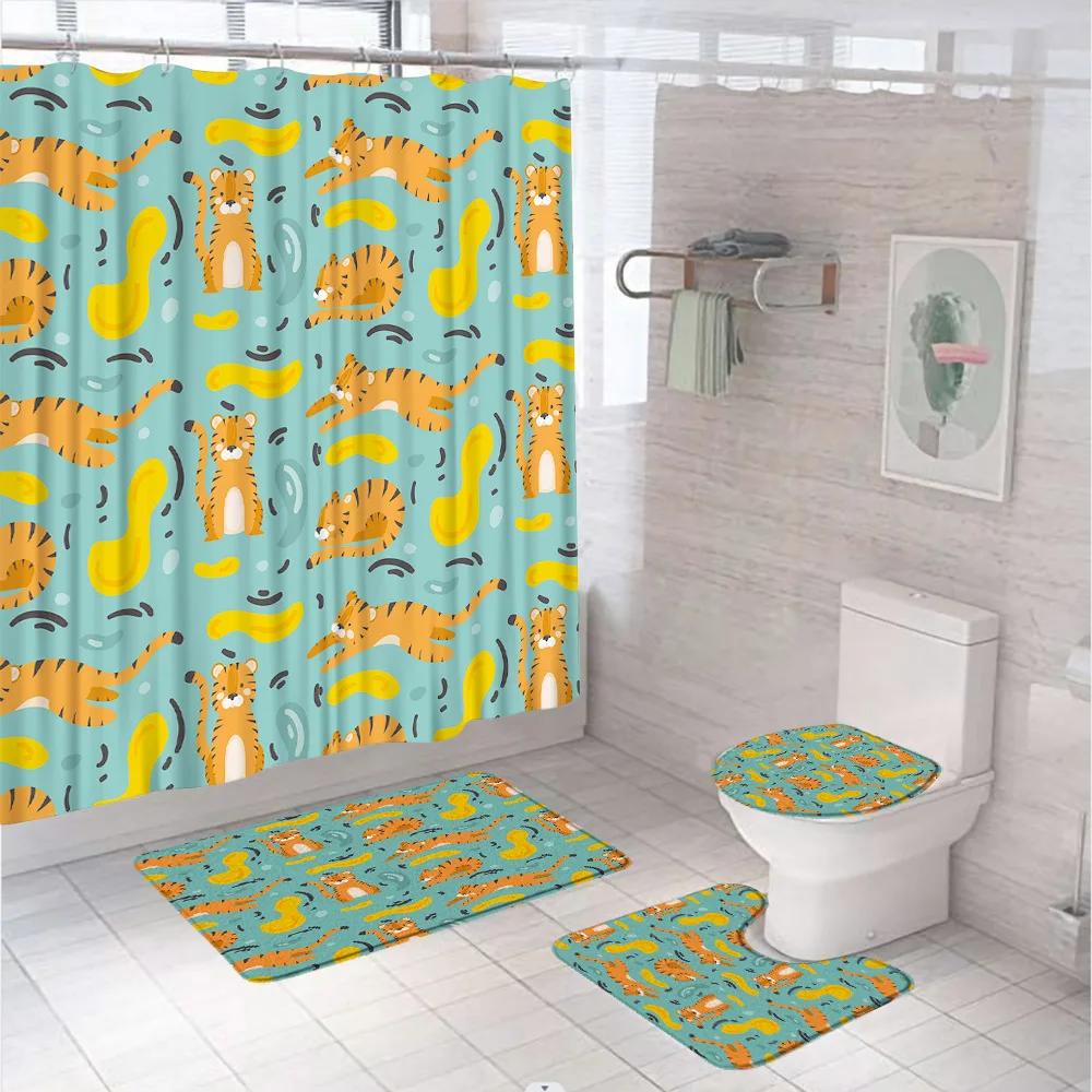 Tiger Shower Curtain Set Tropical Palm Leaf Wildlife Animal Jungle Zebra Leopard Bathroom Curtains Rug Bath Mat Lid Toilet Cover