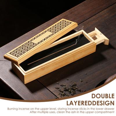 Incense Holder Burner Bamboo Coffin Incense Stick Holder Box Double Layer Incense Stick Holder Burner Agarwood Box for Yoga Room