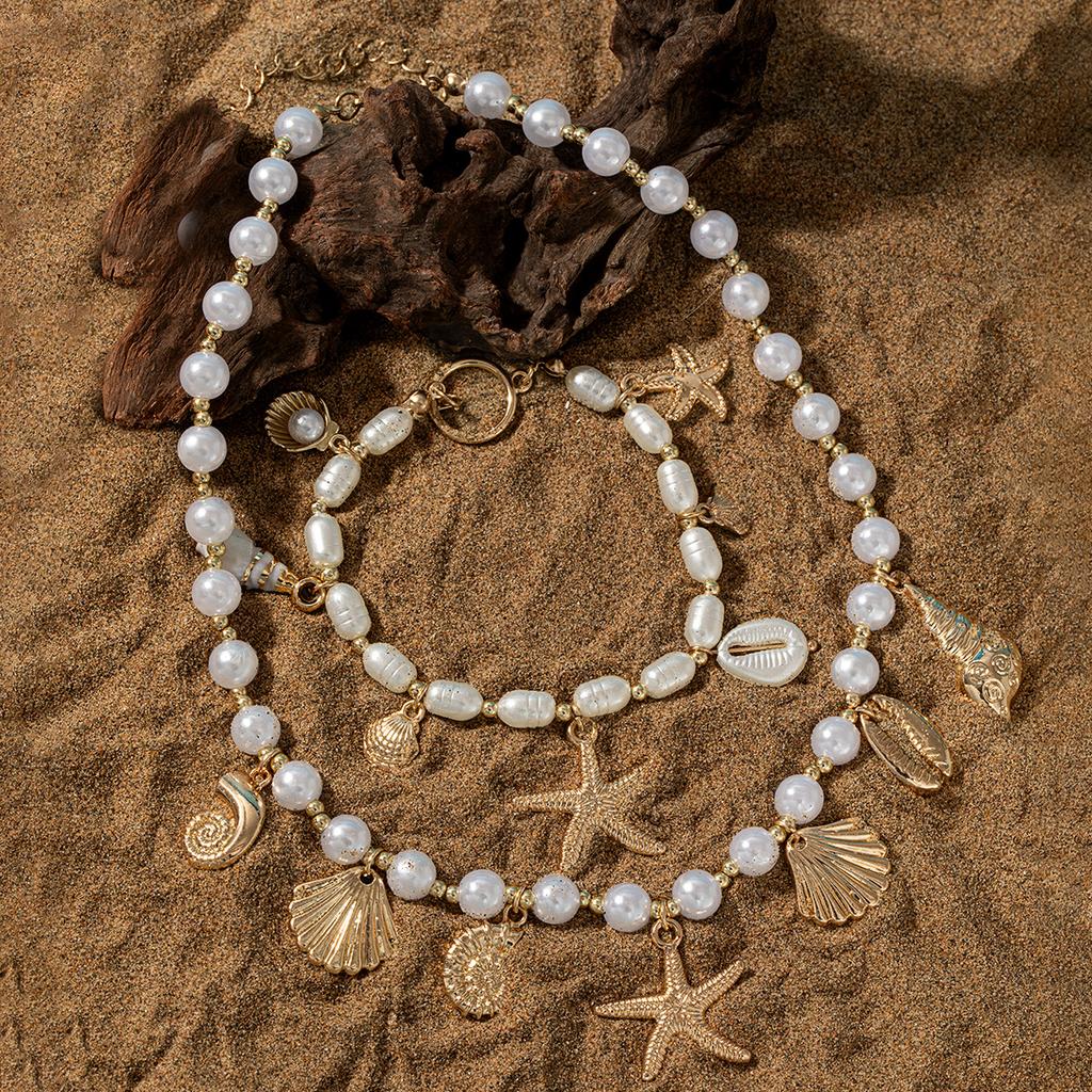 women‘sOcean-inspired Pearl, Shell & Starfish Necklace and Bracelet Set, Niche Vacation Style Clavicle Chain