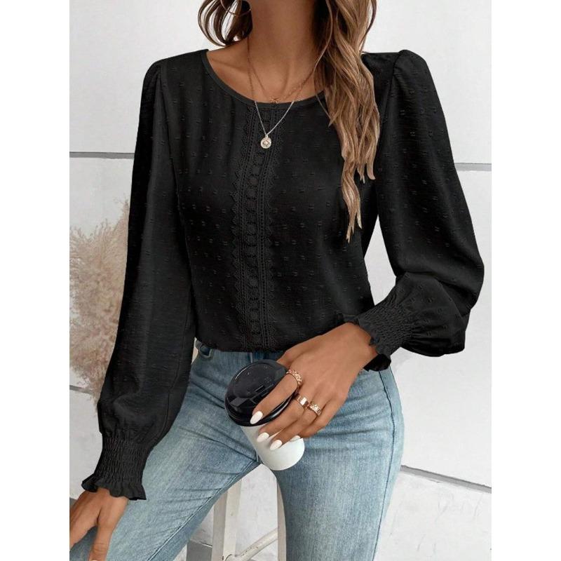 Elegante Dames Ronde Hals Kant Blouse Nieuw Lange Mouw Kantoor Casual Shirt Effen Kleur Tops Lange Mouw Lente Herfst Eenvoudige Zoete Kleding
