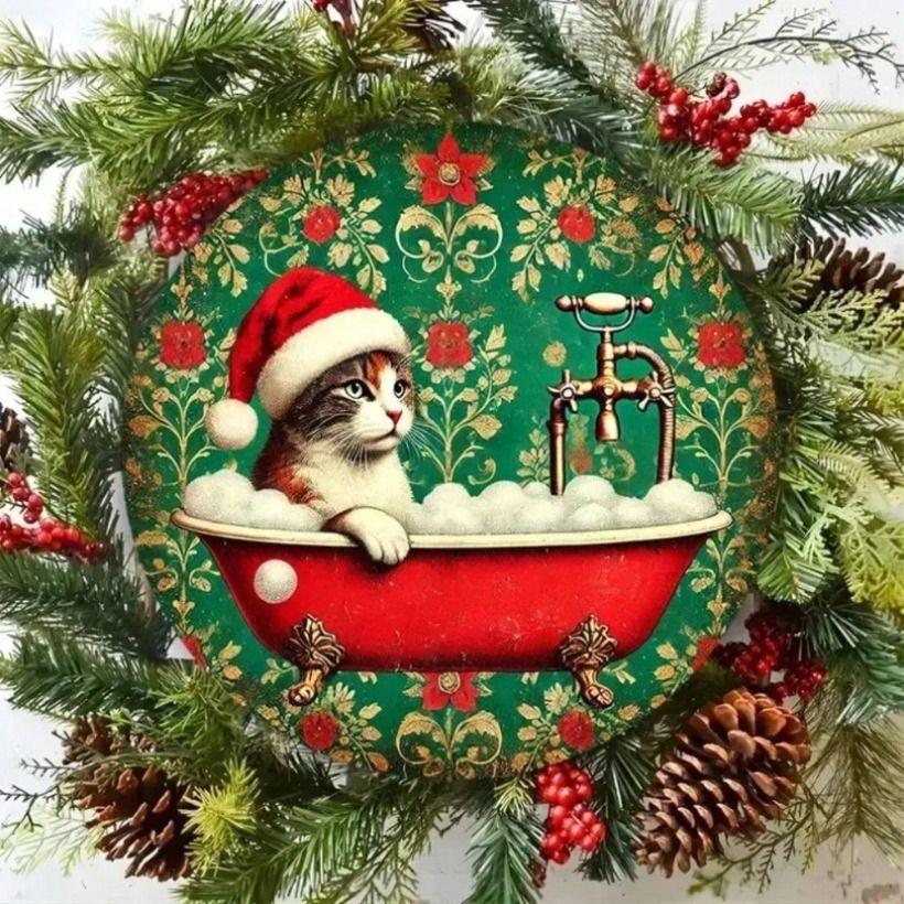 Vintage Christmas Cat in Santa Hat Metal Wall Art, Joom Home Decor Poster