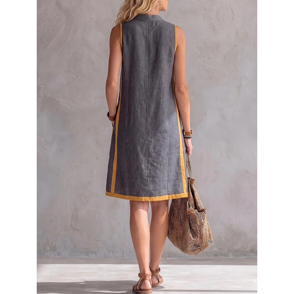 Summer Women's Casual Loose V-neck Sleeveless Cotton Linen Dress for Cross-border Europe & America
