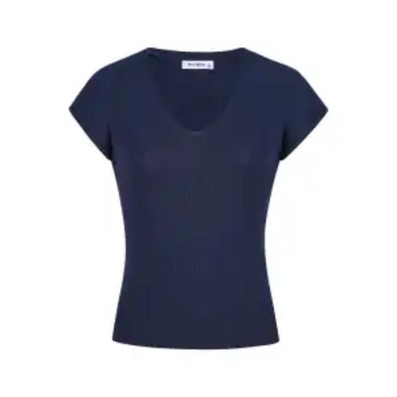 Women's V-Neck Knit Top Ribbed Fabric with Cap Sleeves Slim Fit