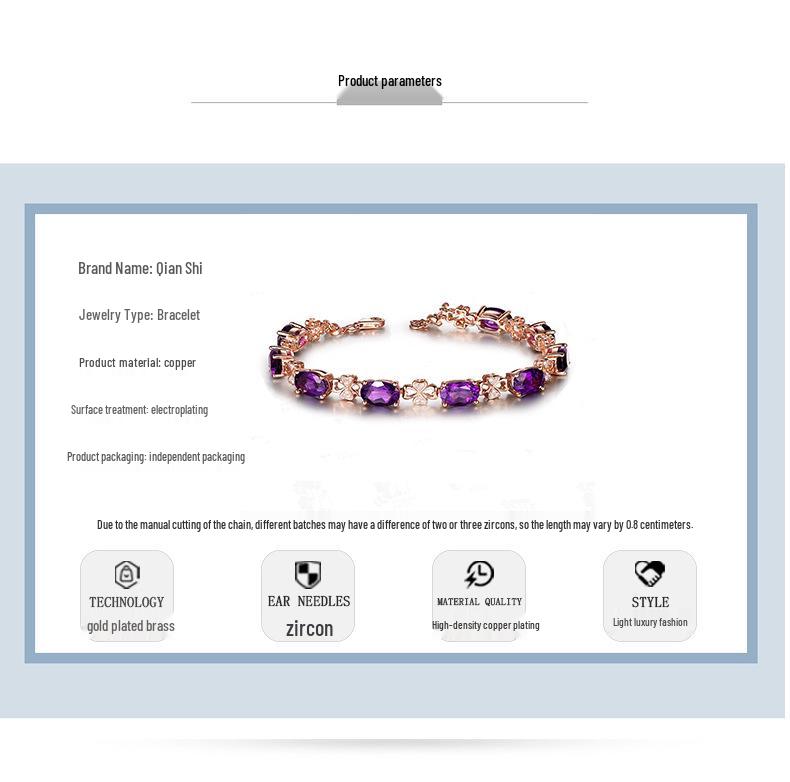 Luxueux bracelet trèfle à quatre feuilles en améthyste plaqué or 18 carats avec des pierres précieuses colorées