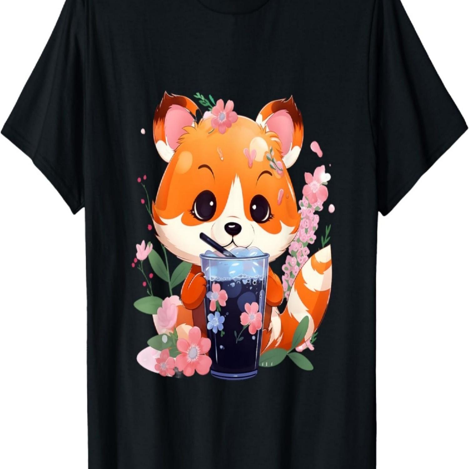 

Kawaii Anime Red Panda Drinks Boba Tea Bubble Cherry Blossom T-Shirt(3) S