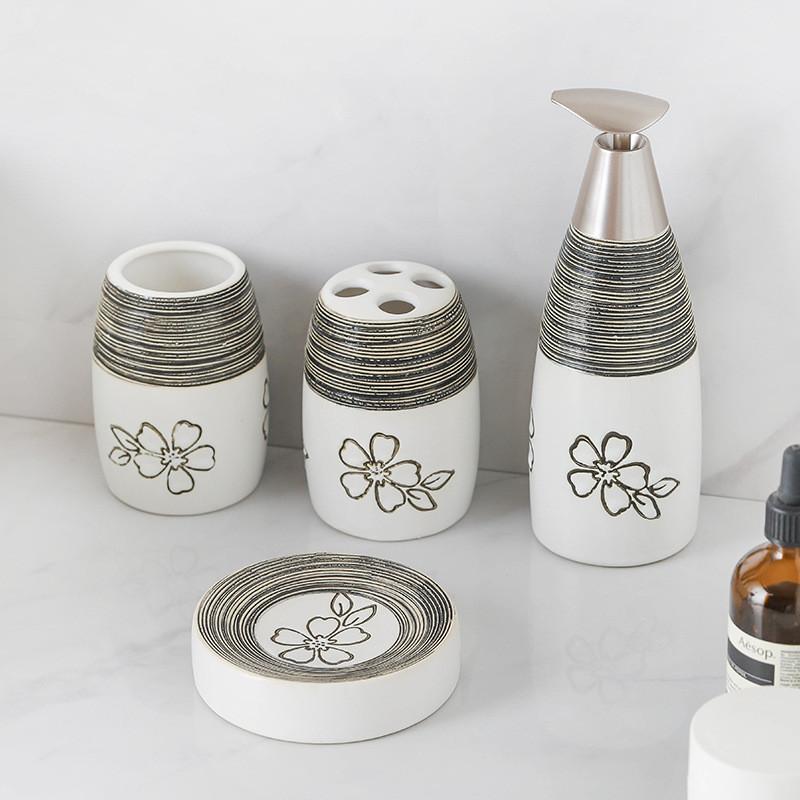 Printed Toiletry Flower Separate Bottle Bathroom Lotion Soap Dish 4pcs Sets