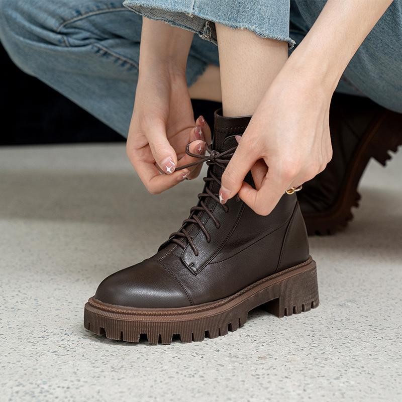 Fashion 2024 New Genuine Leather Winter ZIP Women Boots Fashion Round Toe Chunky Heel ANKLE Boots Platform Shoes Women Shoes Stretch