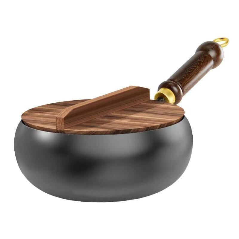 24cm litinová wok pánev s poklicí a špachtlí - bez povrchové úpravy, nepřilnavá technologie, ideální pro tradiční čínské vaření