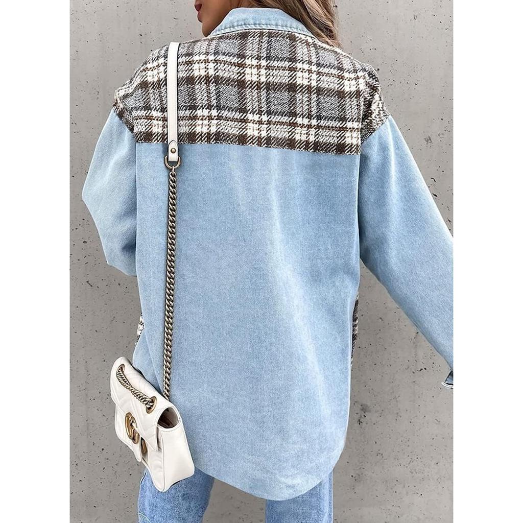 Denim Jacket, Long Sleeved, Checkered, Button Up, Shirt, Jacket Top