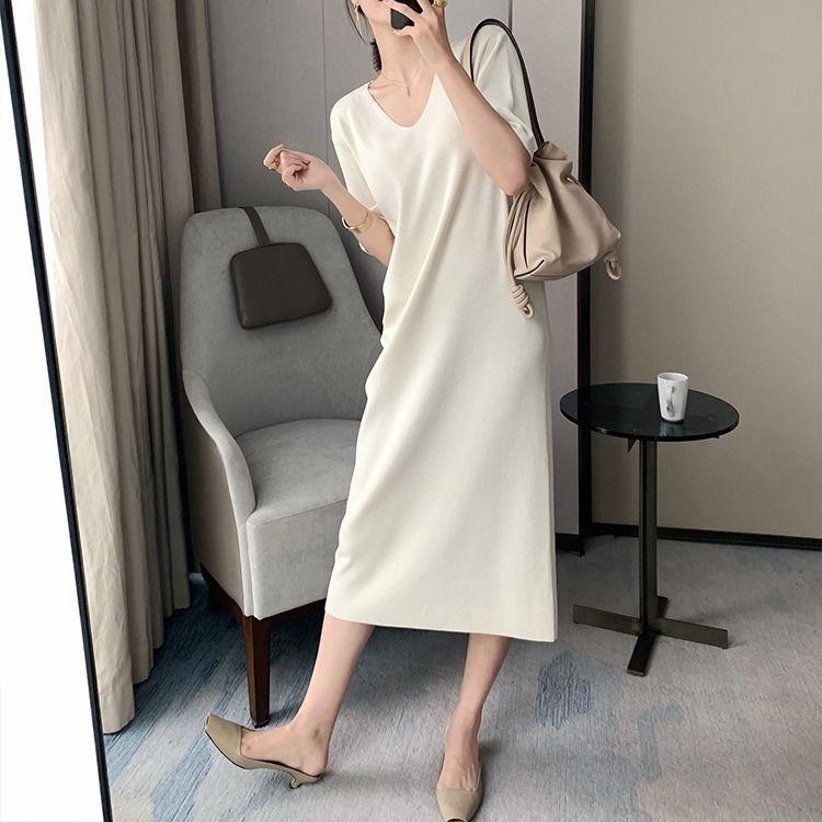 Summer Thin Cool Long Dress V-Neck Loose Slimming Straight Short Sleeve Knit Dress