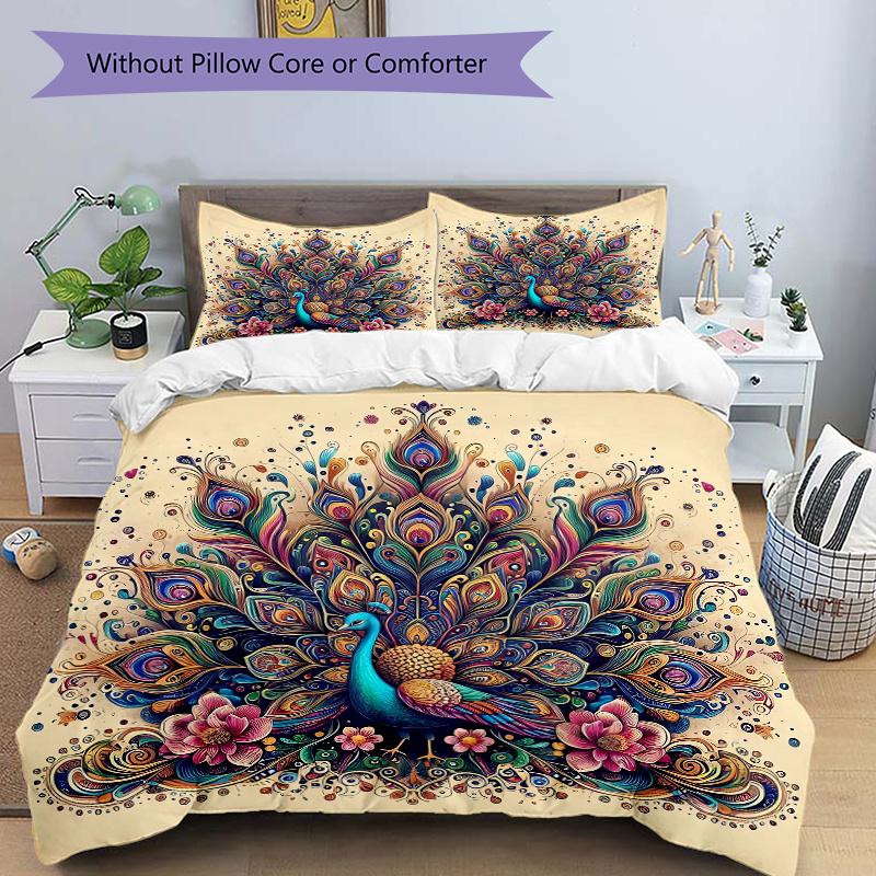3pcs Nature's Beauty Peacock Quilt Cover Set - Soft and Cozy Bedroom, Guest Room and Dorm Decorative Bedding 3-Piece Set 1 Quilt Cover + 2 Pillow