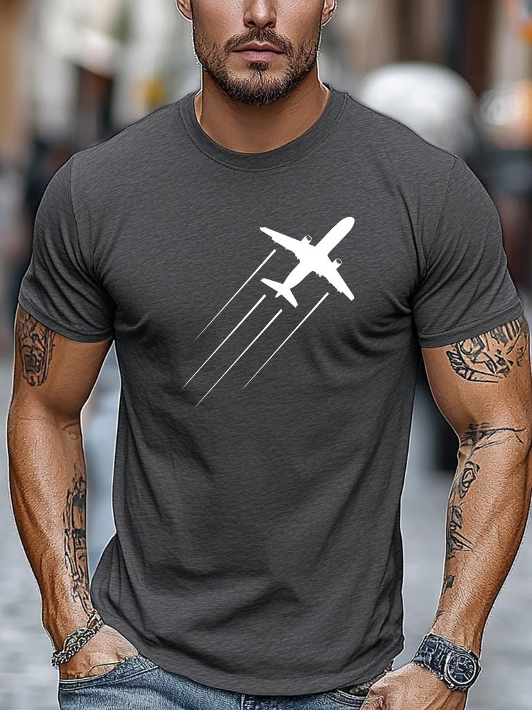 Airplane Takeoff Silhouette Print Unisexs Crew Neck Short Sleeve Tee Soft Summer Travel Pilot Daily Street Basic Casual Outfit Wear