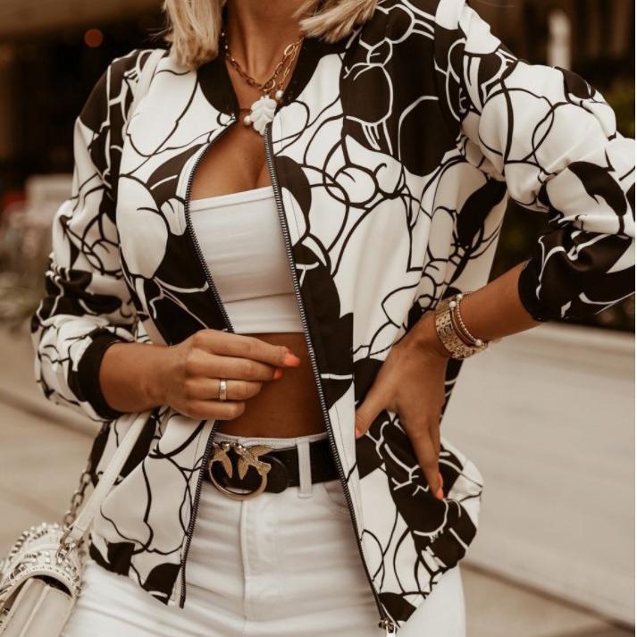 Módní tištěná bunda s kulatým výstřihem a zipem s dlouhým rukávem pro ženy, plus size