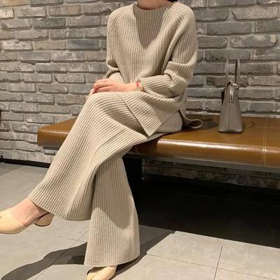 Autumn Winter 2 Pieces Women Sets Knitted Tracksuit O-Neck Split Sweater and Wide Leg Jogging Pants Pullover Suits