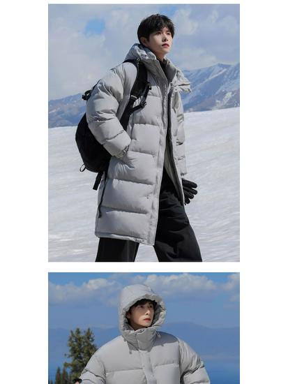 Herren Winter Mittellange Daunenjacke - Lässig, Warm, Lockerer Schnitt, Über das Knie, Verdickter Mantel mit Entendaunen.