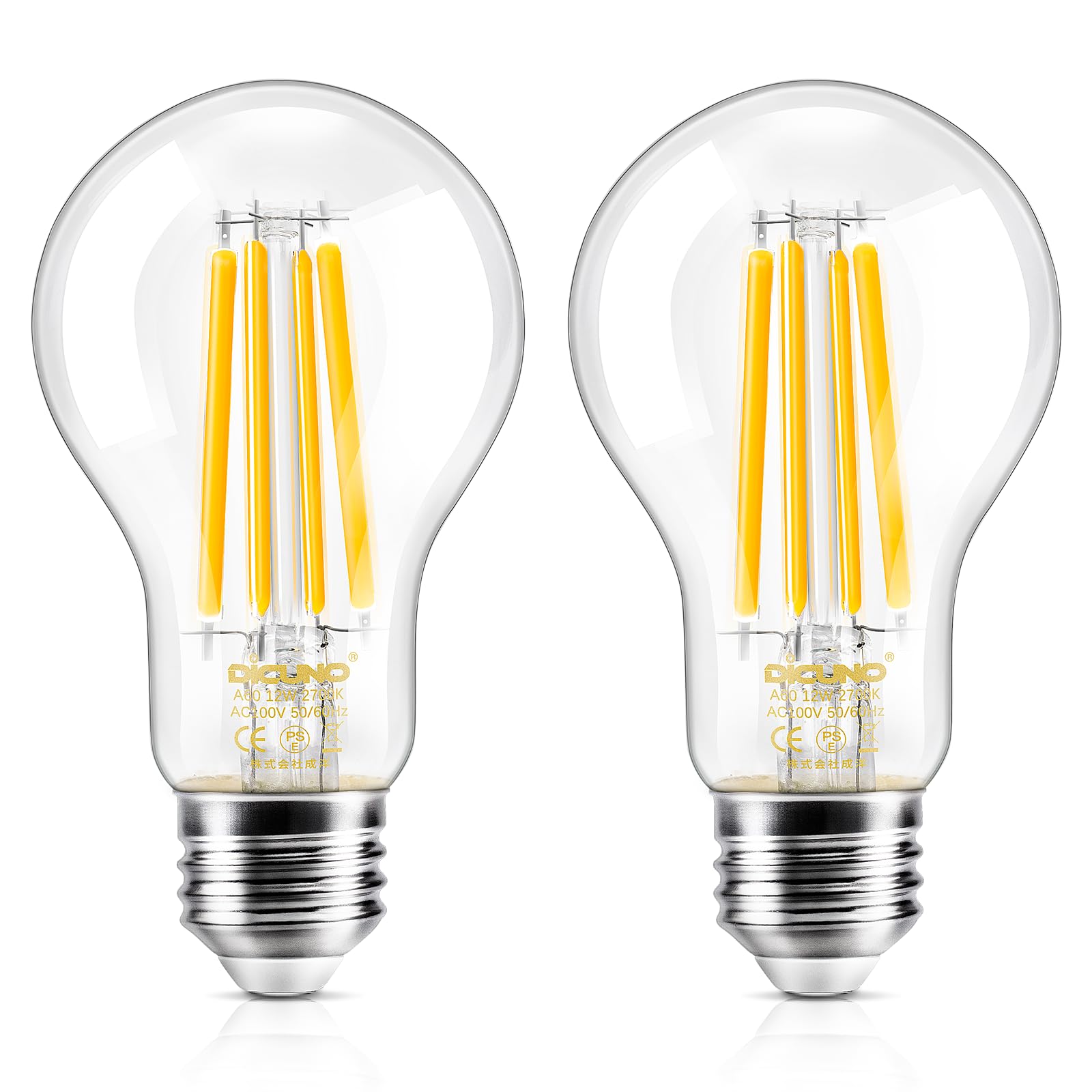 

DiCUNO LED Bulbs, E26 Base, Warm White, 120W Equivalent, Edison 12W Filament Bulb, 1650lm, 2700k, Standard Bulb Shape, Clear, Energy Saving,
