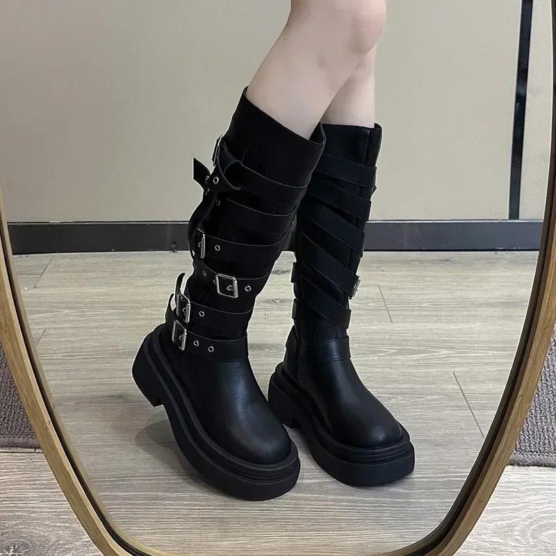 2024 Shoes for Women Side Zipper Women's Boots Winter Round Toe Solid High Tube Platform Chunky Heels Knight Boots