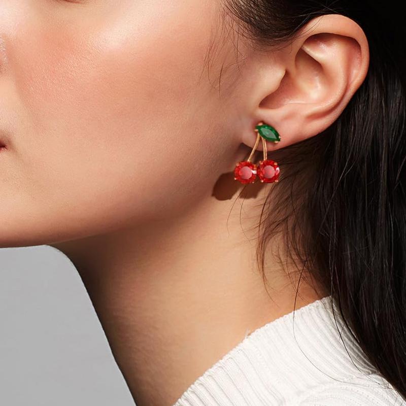 New Sweet Red Zircon Cherry Leaf Stud Earrings Women Piercing Jewelry For Girls Fashion Crystal Dangle Party Birthday Wedding Gift