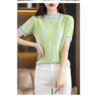Sommer Damen Gestreiftes Strickoberteil | Rundhals Kurzarm Schlank Lässig T-Shirt