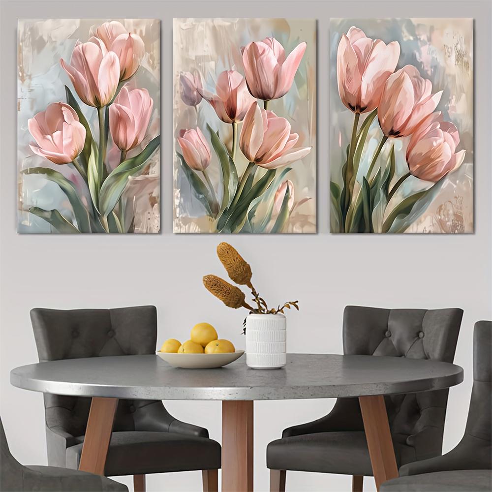 

3 pieces of modern minimalist pink tulip canvas decorative paintings with Nordic style living room, bedroom, entrance wall art 2 (as the picture,20x30cm No Frame)