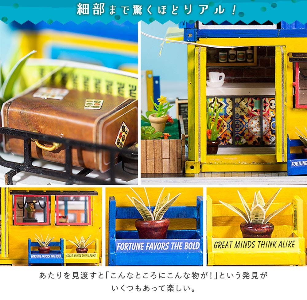moin moin Dollhouse Miniature Handmade Kit Set French Cafe on a Midsummer Day France Retro Blue x Yellow Mobile Sales Vehicle Kitchen Car Medium Size