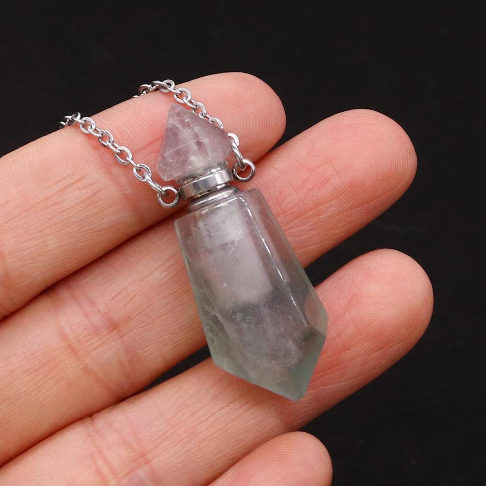 1pc Colgante Collar Botella de Perfume de Piedra Natural Acero Inoxidable Aromaterapia Aceite Esencial con Piedra Cuarzo para Mujer