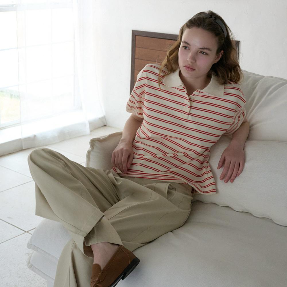 Elssibeui Stripe Polo Collar T-Shirt_Ivory