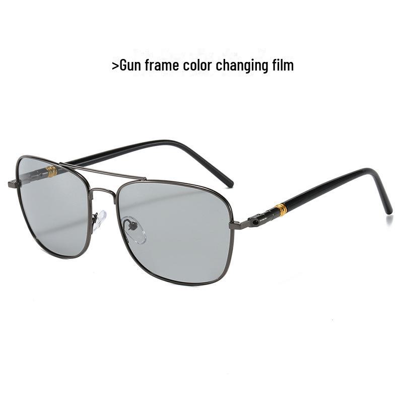 Men's Photochromic Polarized Metal Square Frame Sunglasses for Night Vision Driving and Cycling