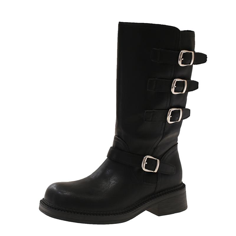 

Four Seasons Universal Mid-Tube Boots Autumn New Round Toe Sleeve Belt Buckle Platform Block Heel Single Shoes 40