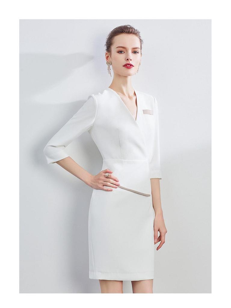 Formal Pleated V-Neck Slim Dress for Beauty Salon Receptionist